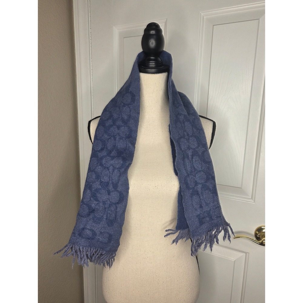 Coach Signature C Monogram Wool Scarf Denim Blue Fringe Logo Jacquard